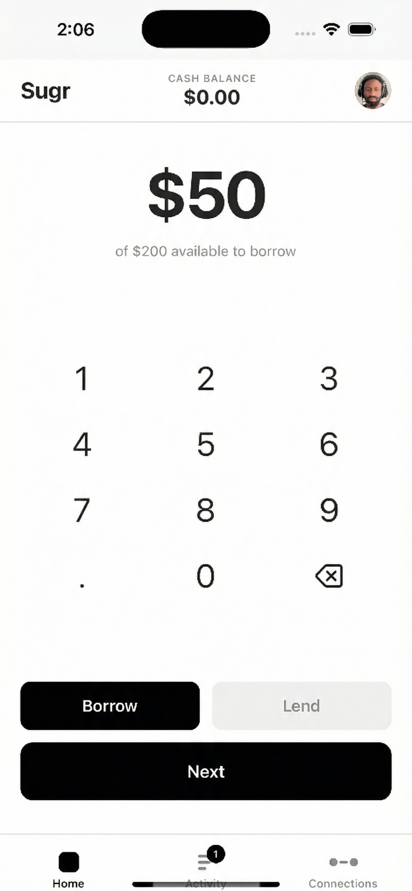 Sugr app showing $50 borrow request with keypad