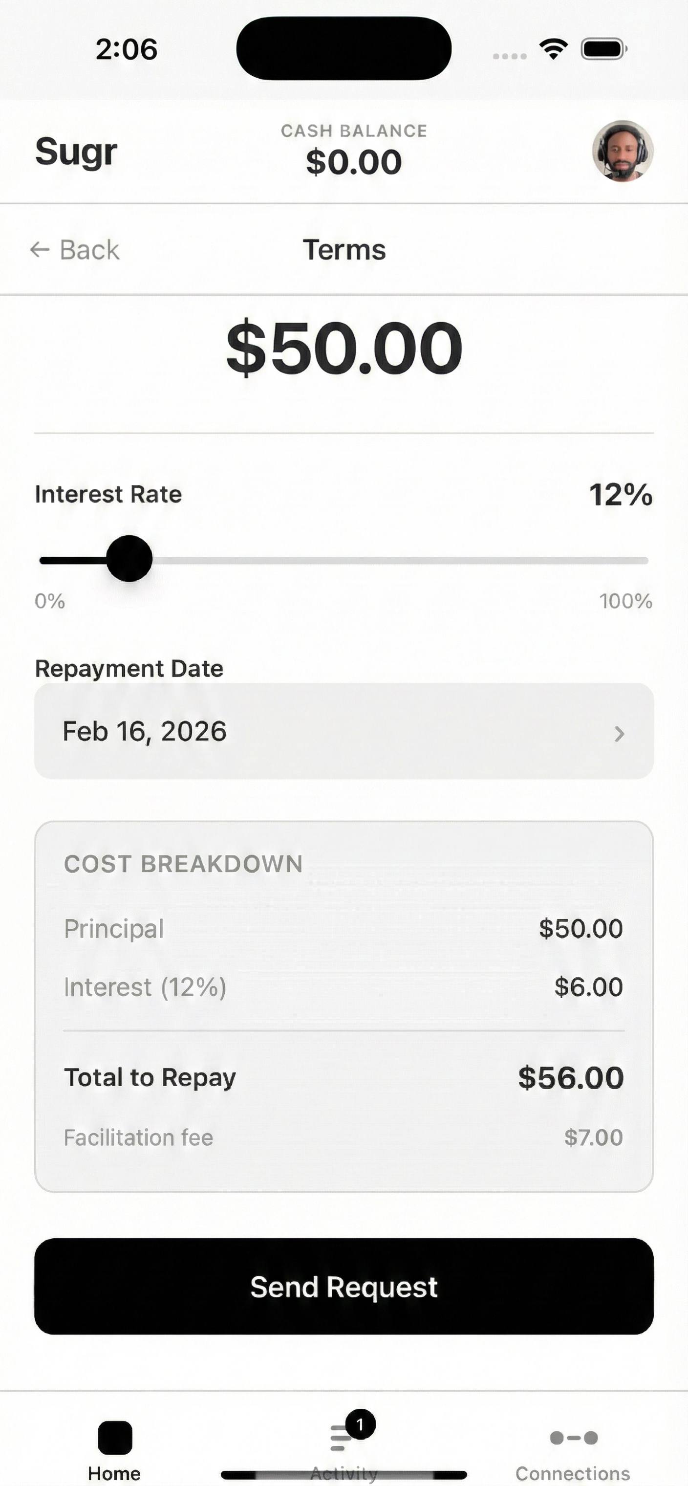 Sugr app Terms screen showing loan details with interest rate, repayment date, and cost breakdown