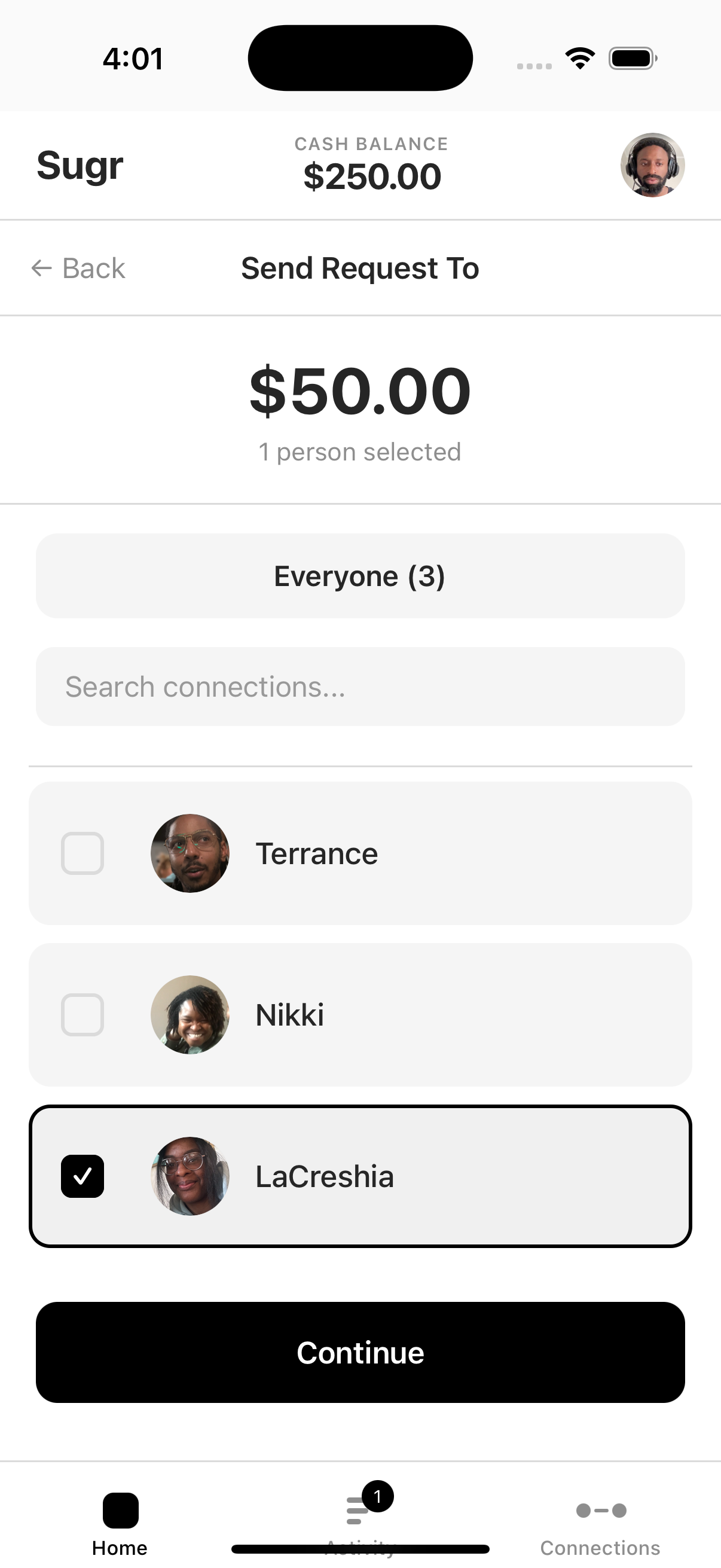 Sugr app showing Send Request To screen with trusted contacts selected
